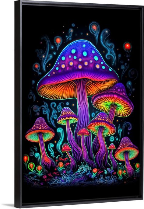 Shroom Drawings, Blacklight Art, Mushroom Painting, Canvas Art Painting Acrylic, Mushroom Spores, Mushroom Wallpaper, Dark Paintings, Black Light Posters, Neon Wall Art