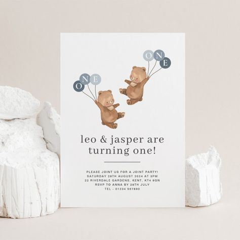 Bear Twin Boys Joint 1st Birthday Invitation Birthday 1st Boy, Baby Birthday Invitations, Boy Girl Twins, Twin First Birthday, 1st Birthday Invitation, Boy Birthday Invitations, Twin Birthday, Bear Birthday, Twin Boys