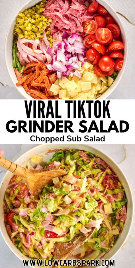 This Italian Grinder Salad is inspired by the viral TikTok grinder sandwich. It transforms all the bold flavors of an Italian sub into a delicious low-carb salad. Packed with crunchy lettuce, savory deli meats, provolone, and a creamy, tangy dressing, it's a fresh, colorful side dish that's simply irresistible. Sub Salad Bowl, Chopped Italian Grinder Salad, Easy Grinder Salad, Grinder Bean Salad Recipe, Chopped Sub Salad, Grinder Salad Recipe, Keto Grinder Salad, Sub In A Tub Salad Healthy, Keto Italian Salad