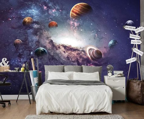 Space Themed Bedroom, 3d Wall Murals, Planets Wallpaper, Space Room, Large Wallpaper, Water Walls, Removable Wall Murals, Wallpaper Space, Removable Wall