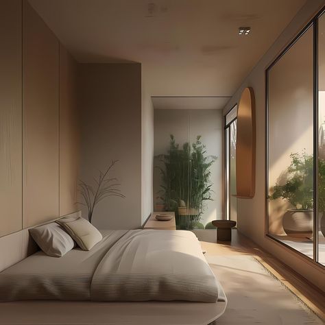 The serene and minimalist Japandi bedroom features an all-beige colour scheme with dark brown accents, boasting floor-to-ceiling windows on one side that offer views of a lush garden. Soft lighting illuminates the space, complementing the muted tones and calming vibes. A small white bed crafted from oak wood and cream linen sheets takes center stage. The room exudes tranquility and elegance, capturing the essence of its minimalist yet inviting atmosphere. 🙋🏻‍♀️Follow @japandiinteriordesign... Minimalist Japandi Bedroom, Japandi Bedroom Design, Japandi Bedroom Ideas, Minimalist Japandi, Bedroom Tile, Japandi House, Dark Wood Bedroom, Modern Japandi, Japandi Bedroom