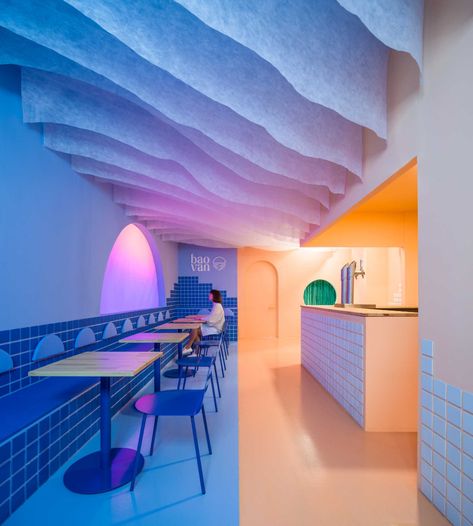 This Restaurant Interior Design Was Inspired By A Beach Sunset Bao Restaurant, Green Facade, Bar Design Awards, Modern Restaurant, Bar Design Restaurant, Restaurant Interior Design, Private Dining, Design Milk, Restaurant Interior