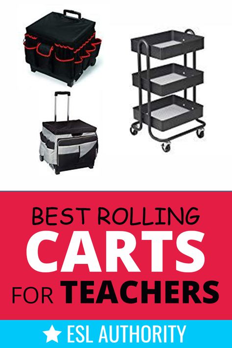 Rolling carts make every teachers’ job easier - from organization to transportation, these carts are are perfect for busy educators. Teaching On A Cart, Traveling Teacher Cart Organization, Mobile Teacher Cart, Traveling Teacher Cart, Teacher Small Group Cart, Teacher Carts Organization, Teaching From A Cart Organization, Teacher Rolling Cart, Rolling Craft Cart