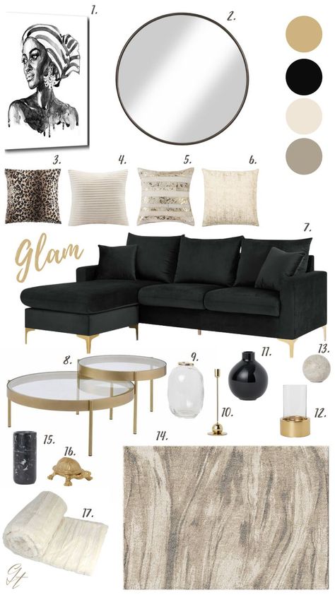 Matte Black Furniture Living Room, Glam Living Room Lamps, Black Living Room Sofas, Black And Good Living Room, Black And Gold Couch Living Room, Black White Grey Gold Living Room Rugs, Sofa Noir Deco, Black Gold White Living Room Decor, Black And Gold Sofa Living Room