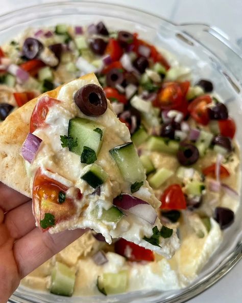 The Most Flavorful Greek Layer Dip with Whipped Feta | Whipped Feta Appetizer Recipes, Greek Loaded Hummus, Layered Hummus Dip Feta, Cold Feta Dip, Taziki's Whipped Feta Recipe, Creamed Feta Dip, Greek Appetizers Easy, Whipped Feta Dip With Honey, Greek 7 Layer Dip