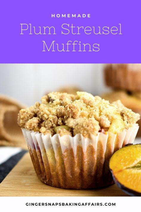 Bakery-style breakfast streusel muffins filled with fresh and juicy plums. These easy to make homemade plum muffins are simply the best, especially when topped off with a crunchy and sweet cinnamon brown sugar streusel! Enjoy these moist and tender muffins all day long. #plummuffins #plums #freshfruit #muffins Banana Plum Muffins, Plum Muffins Healthy, Stanley Plum Recipes, Plum Muffins Recipe, Plum Breakfast Recipes, Easy Plum Recipes, Recipes Using Plums, Plum Recipes Dessert, Recipes With Plums