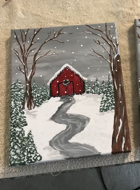 Easy Acrylic Winter Painting Ideas, Paintings Christmas On Canvas, Crismas Painting On Canvas, Pretty Christmas Paintings, Winter Inspired Paintings, Easy Paintings For Christmas, Christmas Things To Paint On Canvas, Winter Canvas Ideas, Christmas Sky Painting