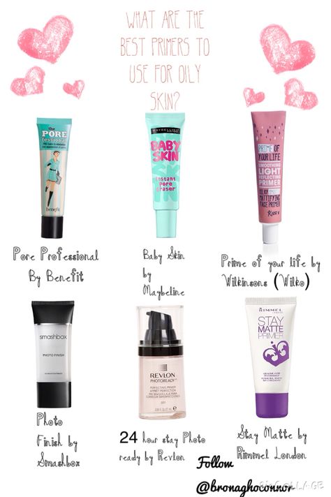 What are the best primers for oily skin? My skin is fairly oily and I always find it so hard to keep my makeup on all day without doing touch ups in between, so I did a bit of reviewing and research and now have managed to come up with 6 primers which in my opinion work best with oily skin. They may all work just as well if you have dry skin or a combination of both but from my personal experience and researching others these are they No.1 primers for oily skin!xo Make Up For Bad Skin, Good Primers For Oily Skin, Drugstore Primer For Oily Skin, Drugstore Makeup Oily Skin, Best Drugstore Primer For Oily Skin, Oily Makeup Tips, Oily Skin Makeup Products, Oily Makeup, Best Makeup For Oily Skin