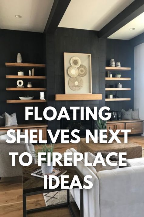 Revitalize your living space with these stylish and practical floating shelf ideas for each side of your fireplace. Click to get inspired on how to beautifully merge form and function, creating a cozy yet elegant home aesthetic. #GoTinySpace Fireplaces With Floating Shelves On Each Side, Wooden Floating Shelves Living Room, Bookshelves Floating Shelf Ideas, Float Shelves Living Room, Manyel Shelves, Fireplace Shelves Floating, Floating Shelves With Fireplace Living Room, Floating Shelves On Fireplace Wall, Floating Shelves On Both Sides Of Fireplace