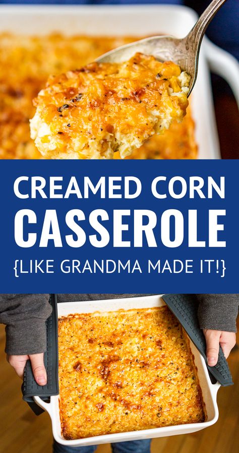 Grandmas Corn Pudding Recipe, Cream Corn Casserole Recipe, Corn Cassarole, Corn Casserole Recipes, Baked Creamed Corn, Baked Creamed Corn Casserole, Potluck Thanksgiving, Creamed Corn Casserole, Easy Corn Casserole Recipe