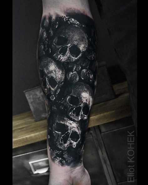 Eliot Kohek, Cover Up Tattoos For Men, Black Skull Tattoo, Skull Sleeve Tattoos, Skull Sleeve, Evil Tattoos, Fusion Ink, Muster Tattoos, Full Sleeve Tattoos