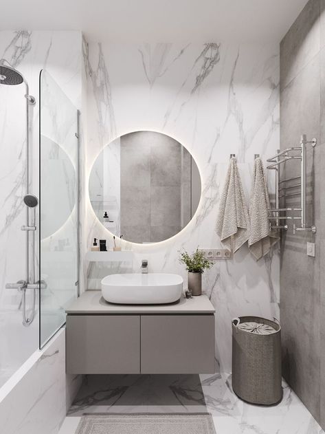 Small Bathroom Ideas White And Grey, Modern Bathroom Grey And White, Bathroom Interior Design Luxury Modern Marble, Carrara Bathroom Ideas, Small Bathroom Grey And White, Light Grey Bathroom Ideas Modern, Grey And White Marble Bathroom Ideas, Silver And Marble Bathroom, Grey Aesthetic Bathroom