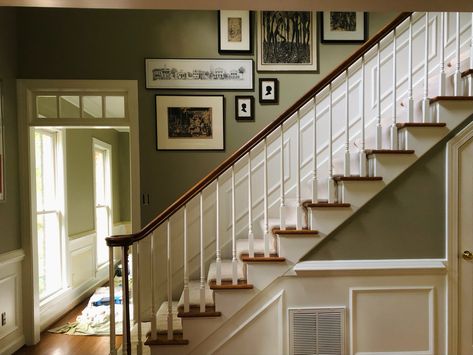 Painted Trim Staircase, Waynes Coating Stairway Staircases, Staircase Paint Colors, Acadia White Benjamin Moore, Nantucket Gray Benjamin Moore, Benjamin Moore Nantucket Gray, Painted Stairwell, Foyer Wainscoting, Nantucket Gray