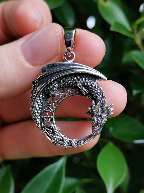 Celtic Dragon Pendant STERLLING SILVER Crescent Moon Shape Talisman Pentagram Occult Medieval Dragon Gothic Dragon - Etsy Norway Dragon Medallion, Fantasy Pendant, Gothic Dragon, Medieval Dragon, Celtic Dragon, Crescent Moon Pendant, Dragon Jewelry, Moon Shape, Silver Dragon