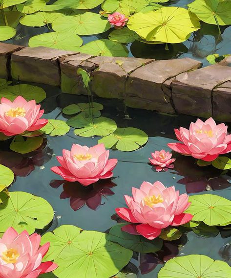 Lotus Gouache Painting, Water Lilies Illustration, Lotus Lake Painting, Lotus Pond Illustration, Flower Scenery Drawing, Pond Reference, Water Lilies Drawing, Water Lilies Aesthetic, Water Lily Aesthetic