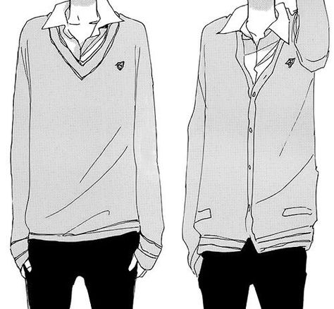 Highschool male uniform : sweater, collared shirt underneath, optional tie; pants (not tight but not super baggy) Uniform Drawing, Lakaran Fesyen, Boy School, Anime Uniform, Boy Uniform, Manga Clothes, School Uniform Outfits, Anime School, Shirt Drawing