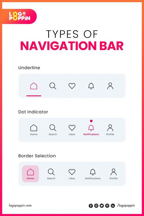 Navigation bars - one of the most essential components of an app's UX. Simpler, intuitive designs ensure that your app can be used by everyone; from novice to expert tech users. Visit www.logopoppin.com and let our expert UX designers optimize your apps to be more user-friendly. Email: support@logopoppin.com Phone Number: +1 888-201-1722 #Navigation #UX #UI #Design #Figma #PSD #Bar #Navbar #Interface #Experience #Webdesign #WebDevelopment #Designagency #LogoPoppin Navbar Design, การออกแบบ Ui Ux, Webpage Design Layout, Ui Ux Design Course, App Design Trends, Desain Ux, Ux Design Principles, Ui Design Principles, Ui Design Trends