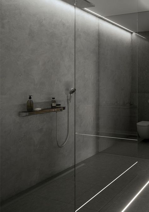 Led Profile Bathroom, Bathroom Profile Lighting, Led In Shower, Bathroom Led Strip Lighting, Bathroom Lighting Inspiration, Clean Inspiration, Shower Aesthetic, False Wall, Lighting Installation