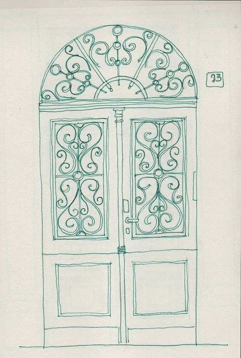 Fancy Door Drawing, Cool Sketch Ideas Vintage, Door Illustration Drawings, Door Tattoo Ideas, Door Design Drawing, Door Tattoos, Door Sketch, Drawing Paris, Door Tattoo