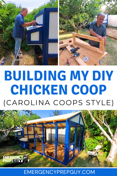 A man building a blue and white DIY chicken coop in a backyard, showcasing various stages of construction for a Carolina Coops style chicken house. Easy To Clean Chicken Coop, Easy Clean Chicken Coop, Easy To Clean Chicken Coop Plans, Carolina Coop Plans, Chicken Coop Space Requirements, Carolina Coop, Corrugated Plastic Roofing, Plastic Roofing, Tractor Supply Chicken Coop