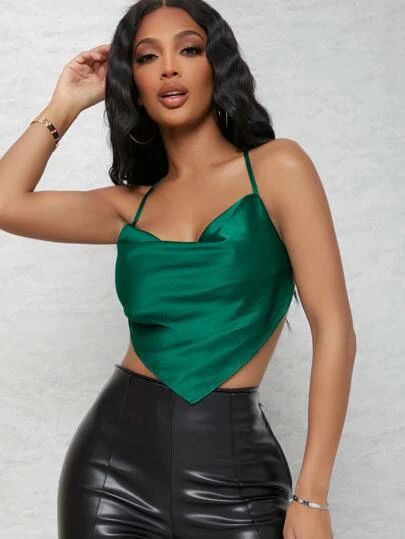 Satin Top Outfit, Green Satin Top, Fancy Crop Top, Crop Top Satin, Crop Top Styles, Bandana Top, Satin Crop Top, Fancy Tops, Thrift Flip