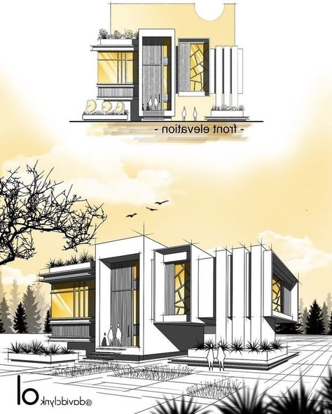 Two Floor Elevation Design, Exterior Perspective Architecture, Elevation Drawing Architecture, Building Elevation Drawing, Modern House Design Drawing, Exterior Perspective Drawing, Architecture Elevation Design, Bungalow Design Architecture, House Concept Architecture