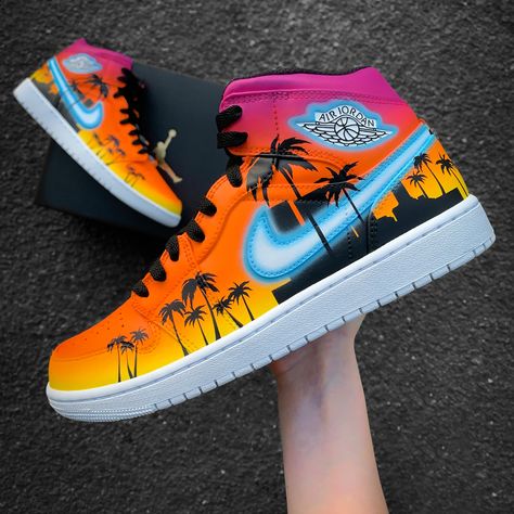 Nike Air Jordan 1 "Tropical Summer" * handpainted in Germany * unique and individual manufacturing * waterproof & scratch resistant * 1-2 weeks processing time INDIVIDUAL DESIGN Customizations or a completely own design? Text to me here or on Instagram (@annamarie_diy) ♥︎ Your dream shoes with: * Colors: Normal, Metallic, Neon, Glow in the Dark, Colorshifting, Sunlight sensitive * Glitter, rhinestones... * Engraved lace locks with name, date etc. (Lace Locks = the metal plates on the laces) * La Custom Jordan, Nike Shoes Women Fashion, Custom Sneakers Diy, Custom Jordans, Pretty Sneakers, Custom Shoes Diy, Nike Fashion Shoes, Preppy Shoes, Pretty Shoes Sneakers