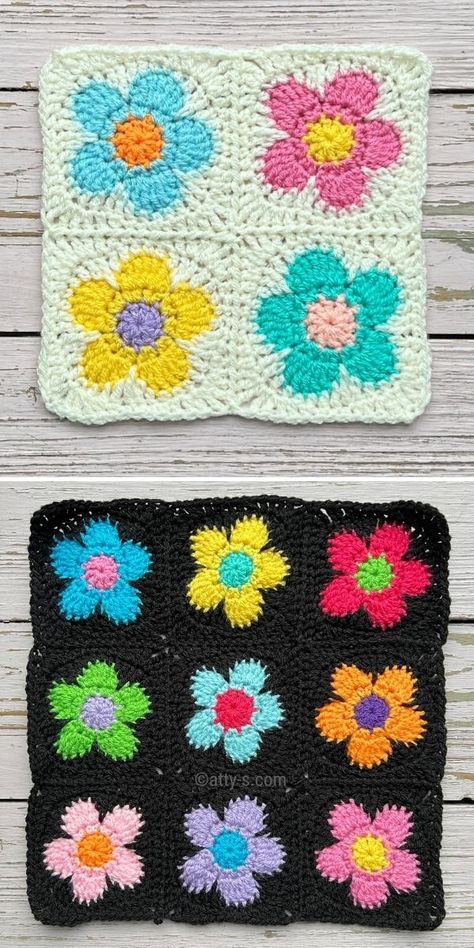 Crochet Flower Granny Square Pattern, Granny Square Pattern Free, Crocheted Squares, Motifs Granny Square, Crochet Flower Squares, Granny Square Haken, Flower Granny Square, Granny Square Crochet Patterns Free, Haken Baby