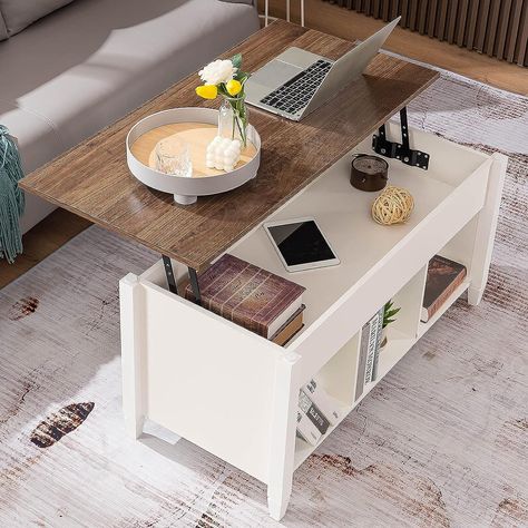 White, with Storage Shelf/Hidden Compartment, Gas Lift Mesa De Centro para Sala Pop Up Coffee Table Skjulte Rum, Lift Up Coffee Table, Long Narrow Living Room, Lift Coffee Table, Narrow Living Room, Coffee Table Size, Modern Style Furniture, Hidden Compartments, Dining Room Combo