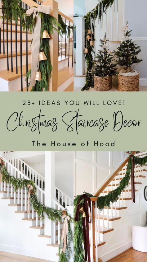 Garland At Base Of Stairs, Candles On Stairs Christmas, Small Banister Christmas Decor, Farmhouse Christmas Staircase Decor, Christmas Decor Banister, Simple Banister Christmas Decor, How To Decorate Staircase For Christmas, Stairway Christmas Decor Staircases, Stair Christmas Decor Ideas