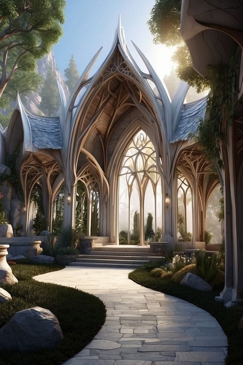 Eldritch Architecture, Asgard Palace, Lord Of The Rings Architecture, Rivendell Architecture, Elven Temple, Lotr Architecture, Elven Buildings, Rivendell Lotr, High Elf Aesthetic