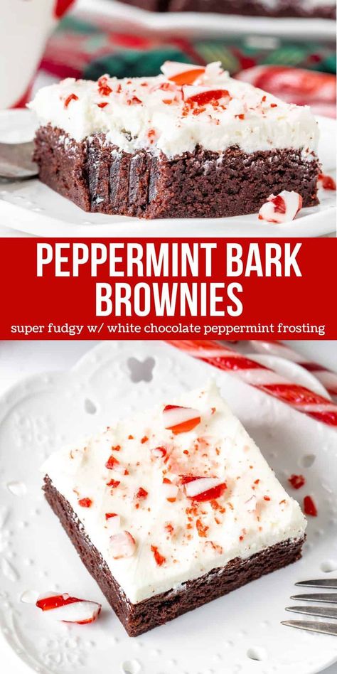 If you love peppermint bark - then you need to try these peppermint bark brownies. They have everything you love about the classic Christmas treat in fudgy brownie form. It's a rich and fudgy chocolate brownie topped with white chocolate peppermint frosting and topped with candy canes! #peppermintbark #brownies #candycanes #whitechocolate #christmas #holidays #recipe from Just So Tasty Peppermint Frosted Brownies, Peppermint Fudge Brownies, Chocolate Peppermint Biscotti, Christmas Decorated Brownies, Christmas Baking Chocolate, Christmas Themed Brownies, Brookies Christmas, Peppermint Brittle, Christmas Baking Squares