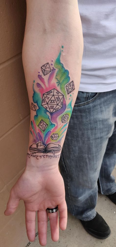 Dnd Tatoos Dice, Nerdy Patchwork Tattoo, Dnd Tattoos Ideas, Ttrpg Tattoo, Dungeons And Dragons Dice Tattoo, Cute Nerdy Tattoos, D20 Tattoo Design, D D Tattoo, Vox Machina Tattoo Ideas