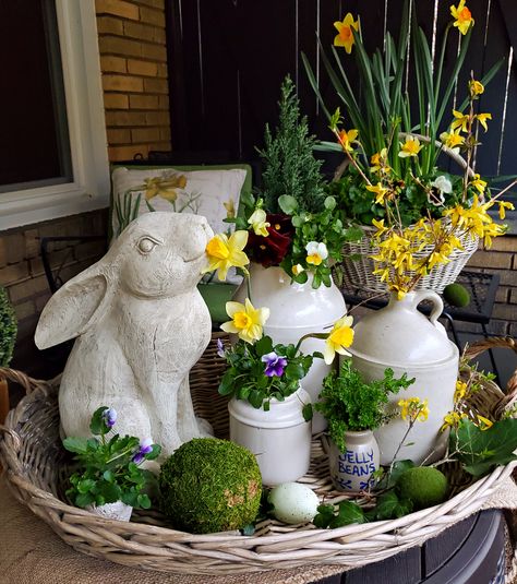 Easter Bunny in the Tulips Decorating With Vintage Crocks, Early Spring Decor, Vintage Spring Decor, Vintage Crocks, Diy – Velikonoce, Spring Outdoor Decor, Outdoor Decor Ideas, Vintage Crock, Easter Table Settings