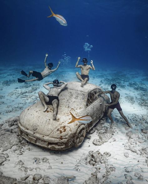 Friends enjoying a submerged vehicle at the Cancun Underwater Museum Things To Do In Cancun, Underwater Museum, Swimming With Dolphins, Friends Enjoying, Puerto Morelos, River Rafting, Underwater Photos, Mayan Ruins, Cancun Mexico