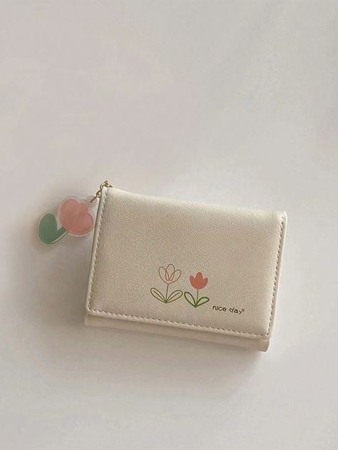 White  Collar  Pu Plants  Embellished   Wallets & Cardholders Wallets For Women Aesthetic, White School Supplies, Aesthetic Wallet, Small Wallets For Women, Wallets For Girls, Stylish Petite, College Work, Cute Wallets, Women Wallet