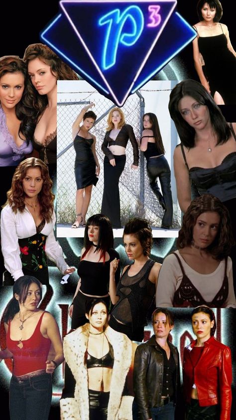 A collage of different outfits from the 90s TV show Charmed. Most of the outfits are dark colors. Charmed Tv Show Outfits, Early 90s Fashion, Charmed Tv Show, Charmed Tv, Charmed Sisters, Alt Goth, Make Videos, Fashion Content, Beauty Magic