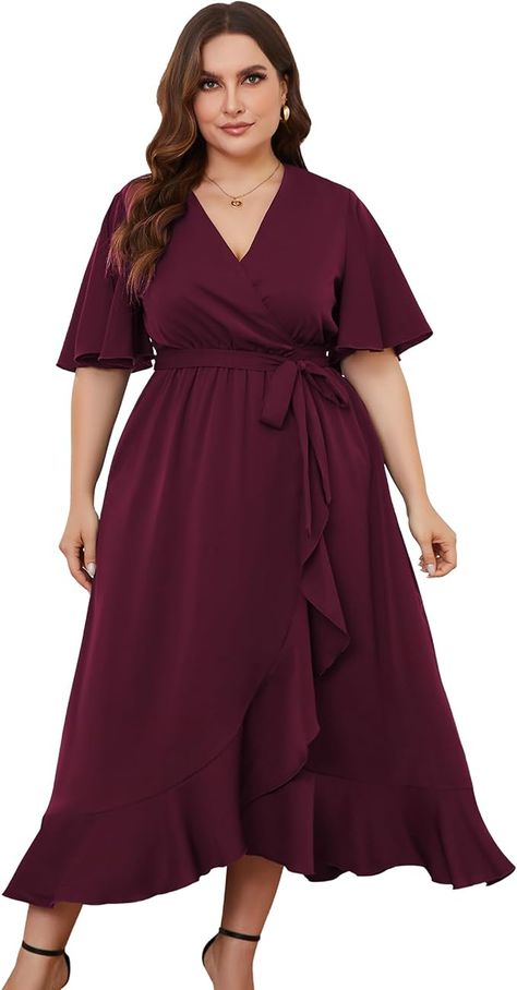 RIROW Women's Plus Size Wrap Maxi Dress - Curvy Women Casual Wedding Guest Ruffle Sleeves Split Hem Dresses Black 20W at Amazon Women’s Clothing store Plus Size Dresses To Wear To A Wedding With Sleeves, Plus Dresses Casual, Flattering Dresses For Curvy Women, Christmas Dress Women Classy Simple, Plus Size Summer Dresses For Wedding Guest, Curvy Dress Casual, Plus Size Dresses To Wear To A Wedding, Dress For Big Size Woman, Wedding Guest Dress Curvy