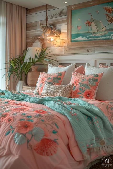 15 Dreamy Pink Coastal Bedroom Ideas: Beachy & Aesthetic 36 Hawaiian Bedroom Ideas, Bedroom Ideas Beachy, Pink Coastal Bedroom, Tropical Bedroom Ideas, Jane Coslick, Cozy Aesthetics, Bedroom Accents, Diy Coastal Decor, Coastal Bedroom Ideas