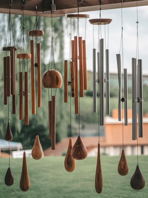 Experience the soothing sounds of nature with these beautifully crafted wooden and metal wind chimes. Each piece is unique, adding charm to any outdoor space. What do you think? Share your favorites! . #woodworking #wood #handmade #woodworker #woodwork #diy #design #smallbusiness #interiordesign #woodart #art #homedecor #furniture #wooddesign #carpentry #woodcraft Wood Wind Chimes, Windchimes Diy, Metal Wind Chimes, Wooden Wind Chimes, Woodwork Diy, Woodworking Equipment, Sounds Of Nature, Diy Wind Chimes, Wood Designs