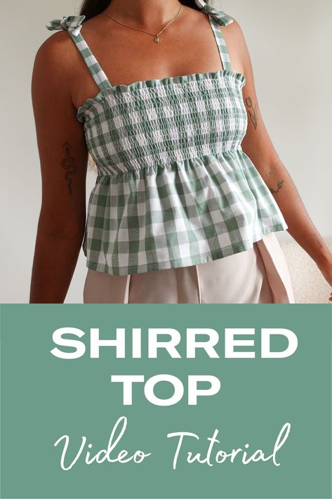 This shirred top is made from two rectangles and I show you an easy tutorial to sew this yourself at home! This easy and simple project will be perfect for beginners! Make this shirred top strapless or with cute tie straps. Womens Top Sewing Pattern Free, Sew A Top Simple, Shirring Top Pattern, Smock Top Pattern, Shirred Top Sewing Pattern, Easy Sewing Ideas For Beginners Clothes, Summer Tops Sewing Patterns, Free Sewing Patterns For Women Tops Blouses, Easy Sewing Templates