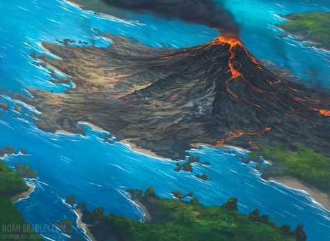 volcanic_island_by_noahbradley-d4xfdke Fantasy Volcano Island, Volcanic Island Fantasy Art, Fantasy Map Drawing, Map Drawing Ideas, Fantasy Map Drawing Ideas, Magic The Gathering Art, Noah Bradley, Volcanic Landscape, Map Drawing