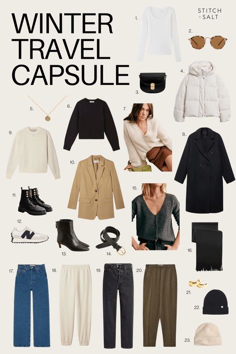 Winter Travel Capsule - Stitch & Salt Minneapolis Winter Outfit, Europe Capsule Wardrobe Winter, 3 Day Winter Trip Packing, Work Travel Packing List, Winter Luggage Packing, Winter Capsule Travel Wardrobe, Weekend Winter Packing List, How To Pack Light For Cold Weather, Winter Carry On Capsule Wardrobe