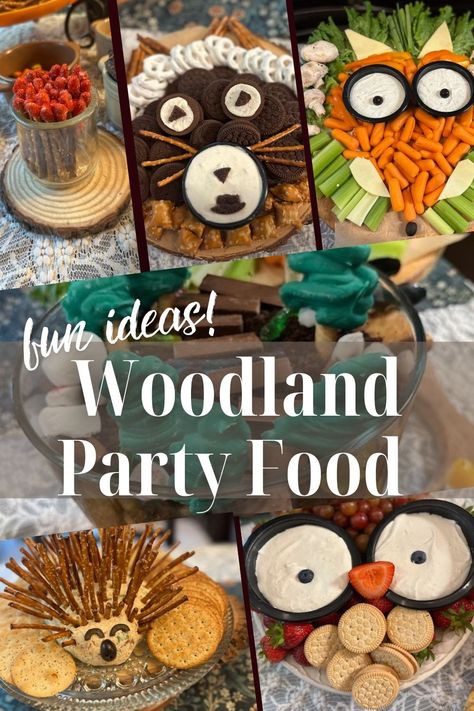 Woodland themed birthday party food ideas on a budget! Make all these cute creatures for less than $125! by shopping at Aldi! Animal Appetizers Parties Food, Animal Shaped Fruit Platters, Woodland Veggie Tray Ideas, Hedgehog Cheese Ball Woodland Party, Fox Veggie Tray, Deer Party Food, Wolf Themed Snacks, Woodland Fairy Party Food, Woodland Fruit Tray