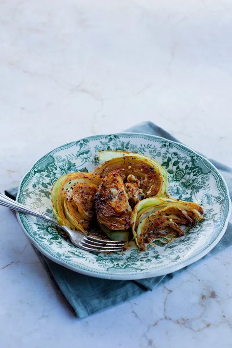 Seared Cabbage with Miso Butter - from a small kitchen Miso Butter Roasted Cabbage, Seared Cabbage, Miso Cabbage, Fritter Frying, Buttered Cabbage, Vegetarian Mains, Cabbage Steaks, Miso Butter, Roasted Cabbage