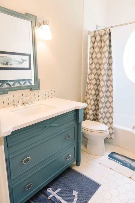 Vanity, tile | Four Chairs Furniture Duck Bathroom, Peach Bathroom, Half Bathroom Remodel, Bathroom Vanity Remodel, Painting Bathroom Cabinets, Best Bathroom Vanities, House Of Turquoise, Revere Pewter, Cabinet Paint Colors