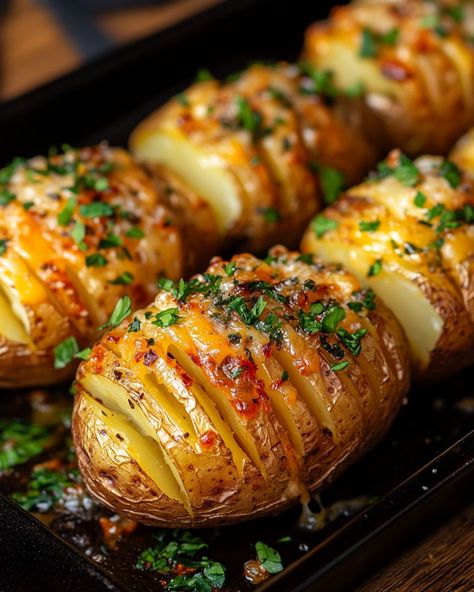 "OMG, these Cheesy Garlic Hasselback Potatoes are a game changer! They’re crispy on the outside, soft and cheesy on the inside – a total crowd-pleaser!   Ingredients: - 4 medium potatoes - 1 cup shredded cheese (your choice!) - 4 cloves of garlic, minced  For the rest of the ingredients and instructions, Link in first comment [👇] [👇]  Don't miss out on this cheesy goodness! Perfect for a side dish or snack.   #HasselbackPotatoes #CheesyGoodness #GarlicLovers #EasyRecipes #SideDish" Potato Food Photography, Potato Hasselback, Food Potatoes, Hasselback Potatoes, Easy Food Art, Crispy Potatoes, Sliced Potatoes, Potato Dishes, My Mouth