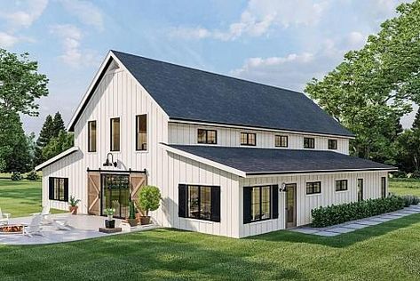 3-Bedroom Country Style Two-Story Barndominium with Rear Garage and Loft (Floor Plan) - Home Stratosphere Barn Plan, Barndominium Plans, Barn Style House Plans, Farmhouse Barndominium, Barndominium Floor Plans, Barn Style House, Pole Barn Homes, Barn House Plans, Best House Plans