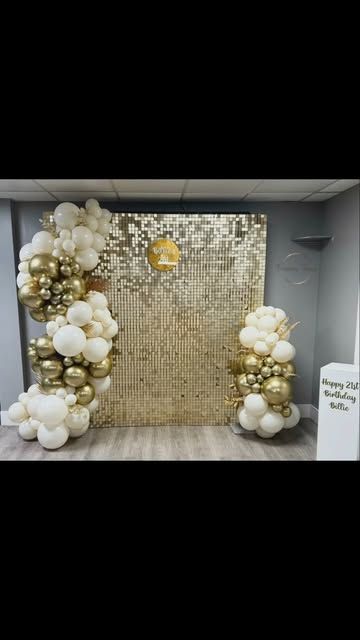 Finishing Touches Events on Instagram: "Billie’s 21st!!   Our shimmer wall balloon displays make a fantastic backdrop for any celebration.  Billie went for the classic cream and gold balloons   #welcomesign #balloongarland #birthdaysign #organicballoongarland #essexballoons #balloonstylist #essexevents #balloondecoration  #balloonbackdrop #essexeventstylist #finishingtouchesevents #birthdayballoons #hornchurchmums #upminstermums #brentwoodmums #luxuryballoonstyling #luxuryballoons #luxuryballoondecor #21stbirthday" 30th Birthday Balloon Arch, Neutral Balloon Arch, Gold Shimmer Wall, Birthday Balloon Arch, 30th Birthday Balloons, Balloon Displays, Shimmer Wall, Balloon Display, Balloon Backdrop