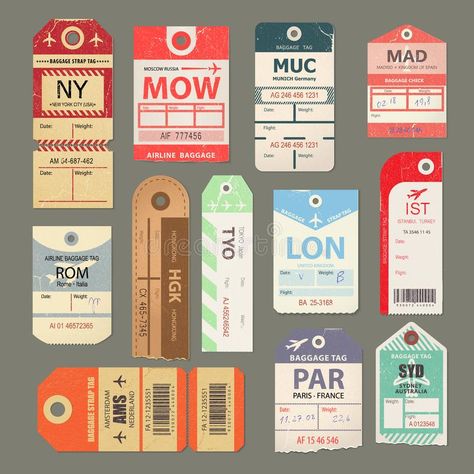 Vintage Luggage Tags, Baggage Tag, Vintage Airline, Baggage Tags, Luggage Labels, Flat Icons Set, Travel Tags, Travel Luggage Tag, Vintage Luggage